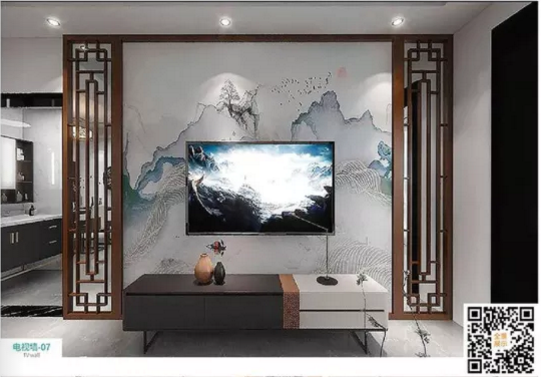 廠價(jià)新款鑫順來DQ-07掃碼中式格子電視墻，掃二維碼看裝修風(fēng)格